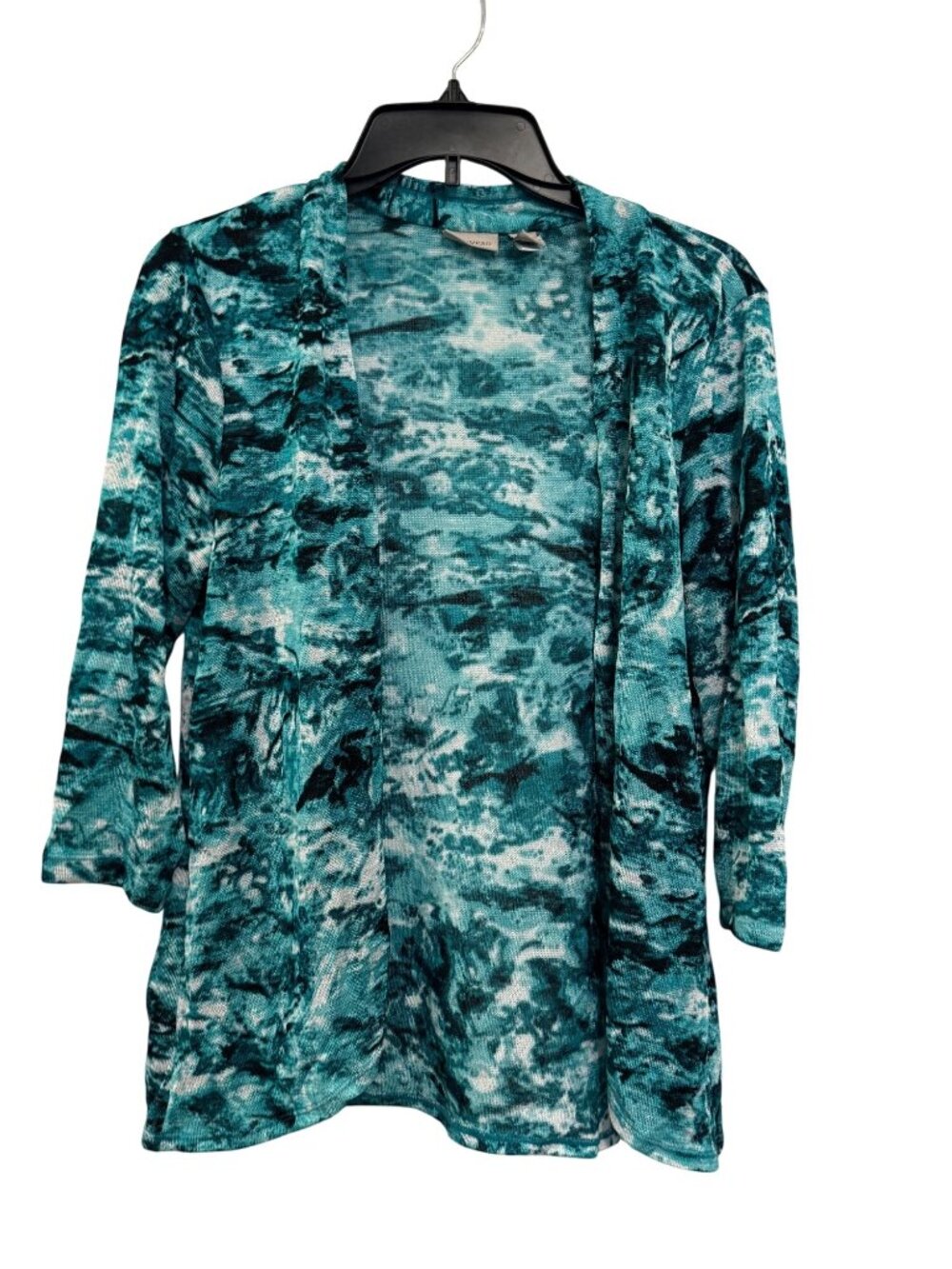 Easywear By Chicos Open Front Cardigan Jacket Size 1 Teal Abstract Print